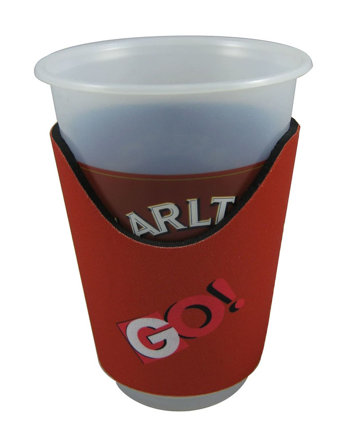 A drink bottle cooler in red, featuring a logo, designed to fit a cup securely.
