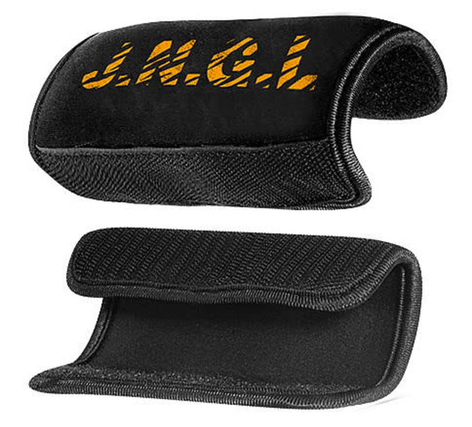 A black luggage handle strap with a textured surface and a logo. The strap features soft padding for comfort.