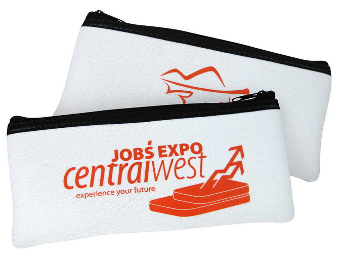A small white pencil case with black zippers features an orange logo and design elements.