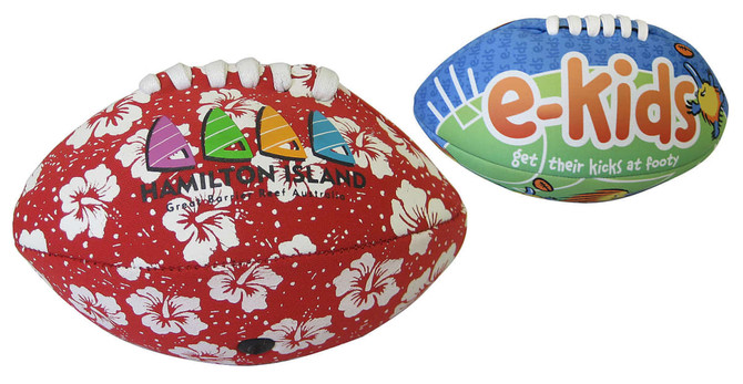 Two small-sized footballs, one red with white floral design and logo, and another blue with colourful graphics and logo.