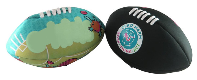A medium-sized football featuring a colourful design on one side and a black finish with a logo on the other.