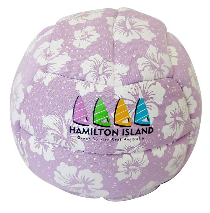 A large purple volleyball featuring a floral pattern and a logo.