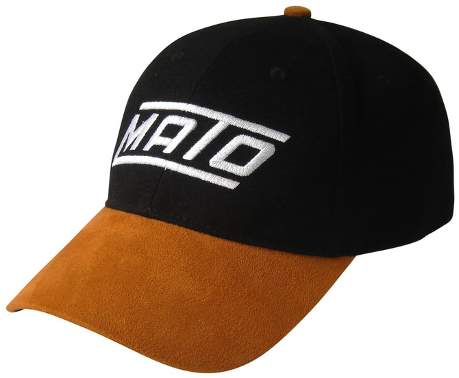 A black cap with a suede peak in tan, featuring a logo on the front.