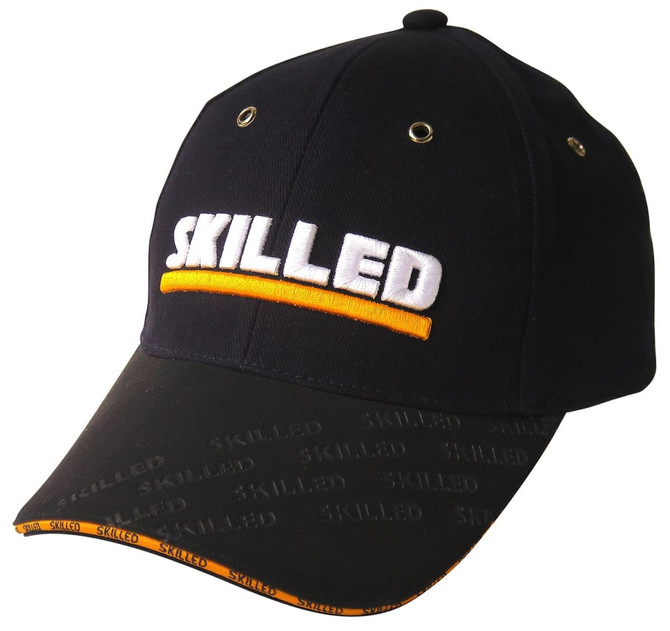 A black cap featuring a synthetic suede peak and embroidered text, with a logo on the side.