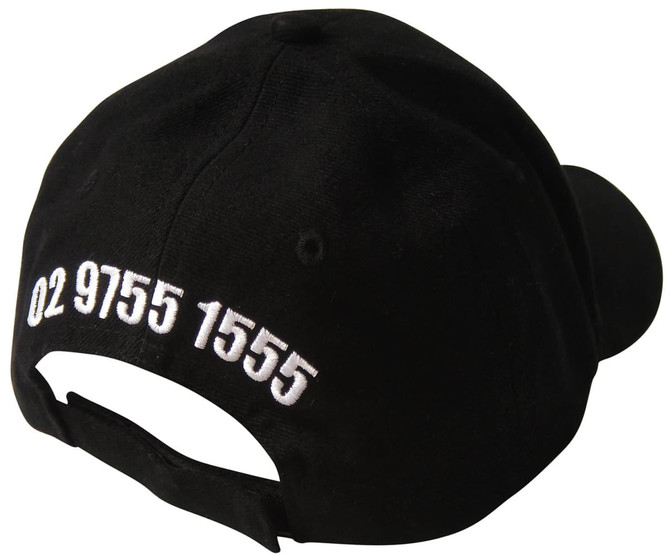 A black cap with an indented peak and an adjustable strap at the back, featuring white embroidered text.