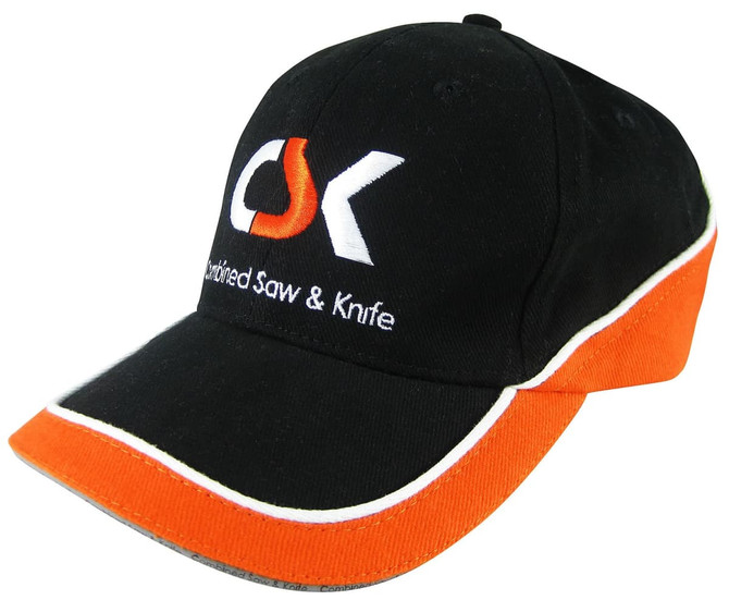 A black cap with an orange split colour design and a logo on the front.