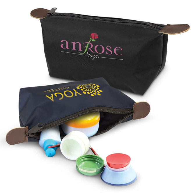 A black toiletry bag with brown accents, filled with various cosmetic containers in vibrant colours. It features a logo.