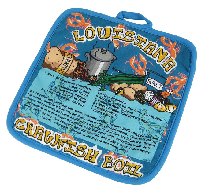 A blue pot holder featuring a Louisiana crawfish boil design, with illustrations of ingredients and a cooking pot.