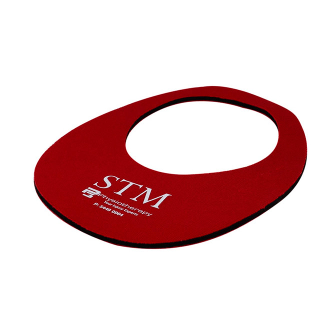 A red neoprene visor with a circular opening and a logo.