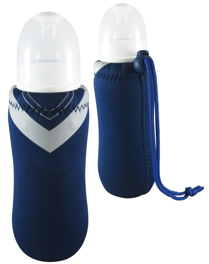 A drink bottle holder in navy blue with a white design, featuring a cap and a braided cord.