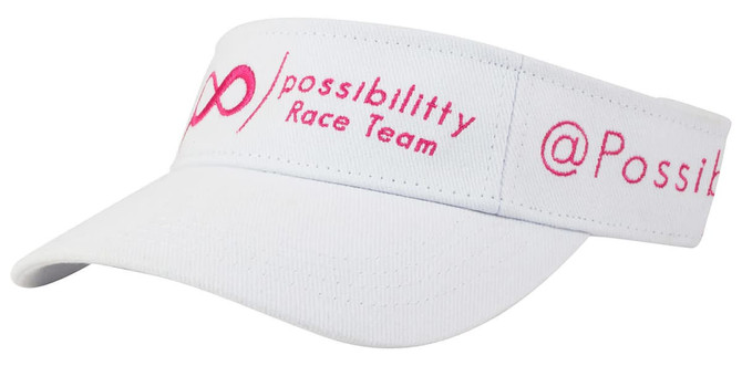A white visor with a wide brim and a branded band featuring pink text.