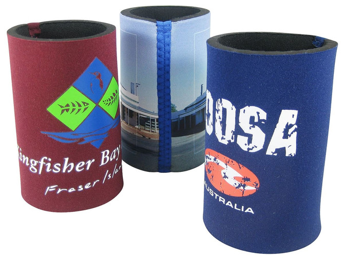 Three coloured can coolers featuring various designs and logos, in red, blue, and a multi-coloured option.