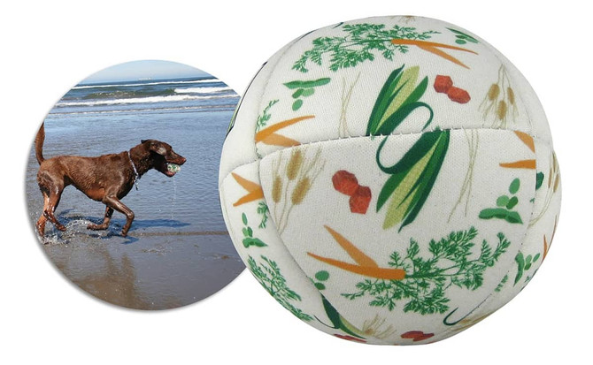A textured pet ball in cream, featuring green and orange patterns, with a logo on one side.