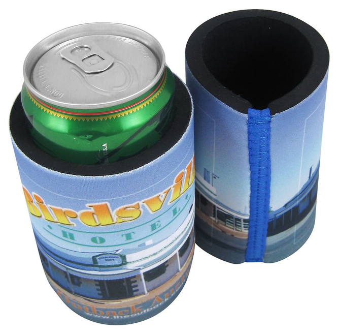 A drink can cooler in blue with a promotional design, accommodating a standard can. It includes a secure band for closure.