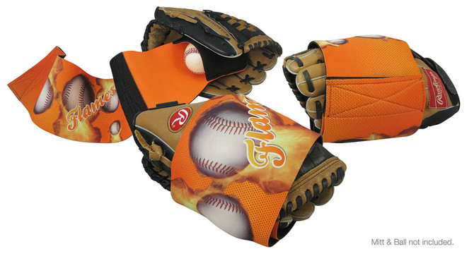A pair of orange temporary tattoos designed to wrap around a baseball mitt, featuring a baseball graphic and a branding logo.