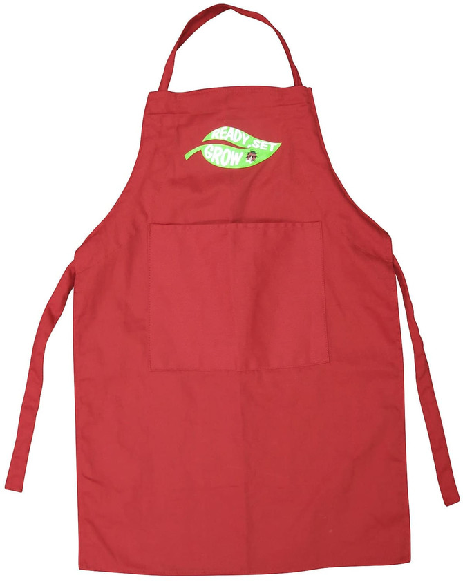 A bright red kids' apron featuring a front pocket and a logo design. The apron has adjustable ties for fitting.