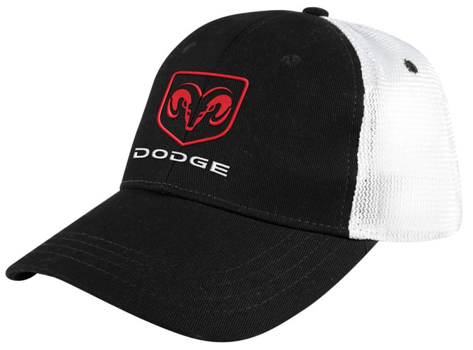 A black and white truckers cap featuring a logo on the front. The cap has a classic curved brim design.