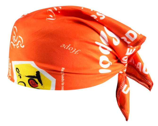 An orange sublimated bandana featuring various patterns and a logo.