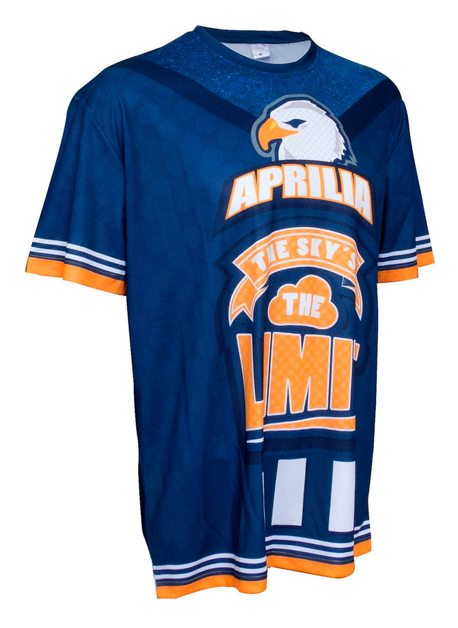 A blue unisex crew neck T-shirt featuring orange accents and a logo, with a graphic design on the front.