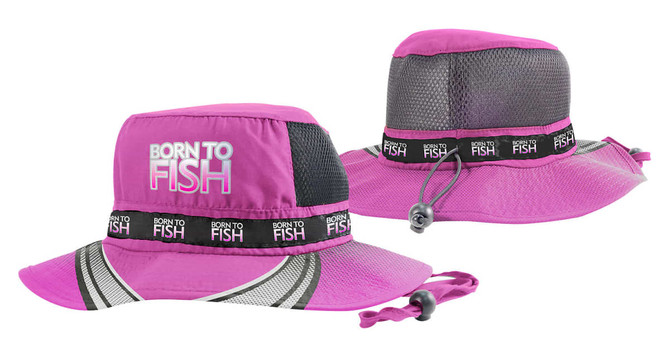 A pink fishing slouch hat featuring mesh panels, a chin strap, and a logo band.