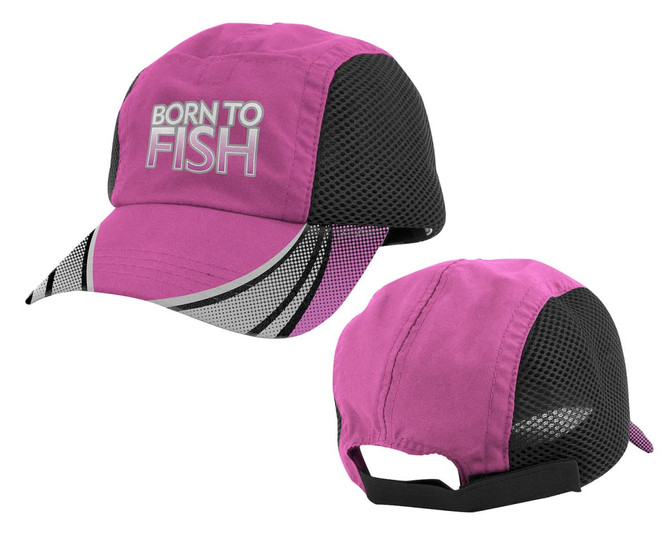 A pink fishing cap featuring mesh panels and a logo, with a curved brim and adjustable strap at the back.