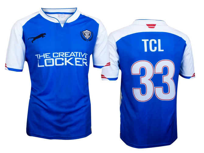 A unisex soccer style t-shirt in blue and white with a logo and the number 33 on the back.