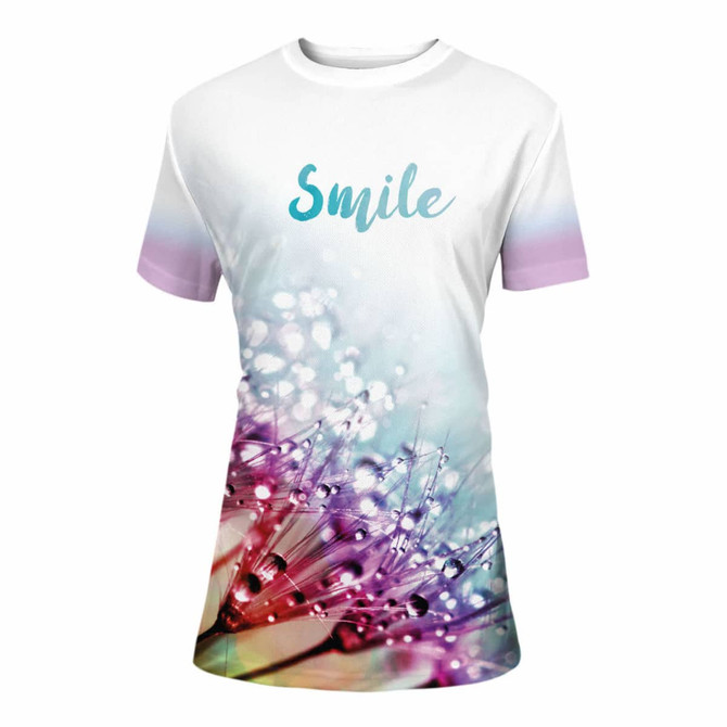 A ladies' crew neck T-shirt in white, featuring a colourful abstract design and a logo.