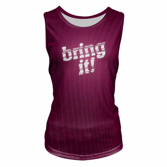 A maroon singlet featuring a print with the text “bring it!” and a logo.