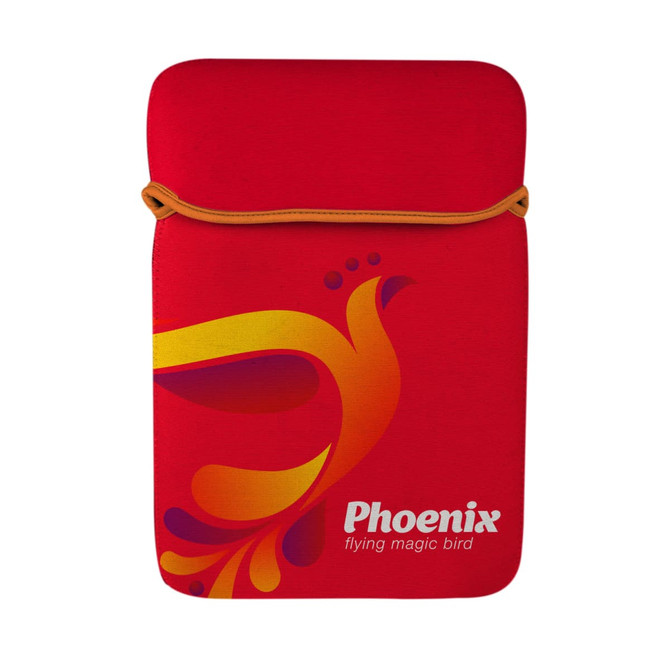 A vibrant red tablet sleeve featuring a stylised bird design and an orange drawstring. It includes a logo.
