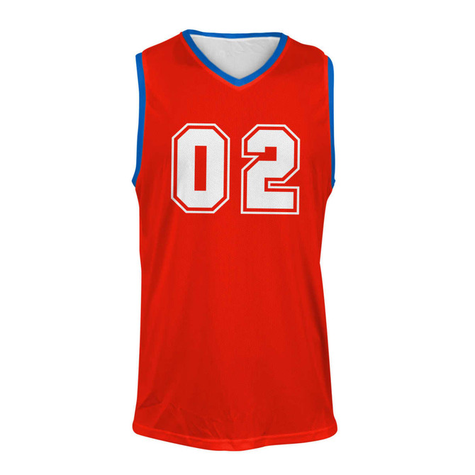 A red basketball singlet with blue trim and the number 02, featuring a logo on the chest.