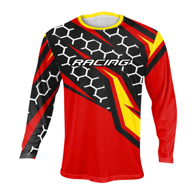 A long sleeve adult unisex T-shirt in red, black, and yellow with a geometric design and logo.