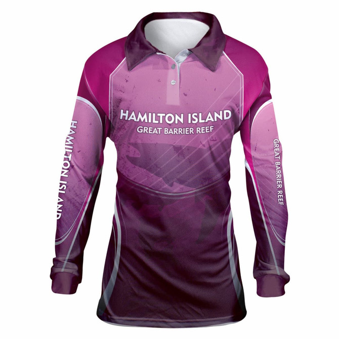 A long-sleeved polo shirt in various shades of pink with a logo, featuring a sporty design inspired by fishing.
