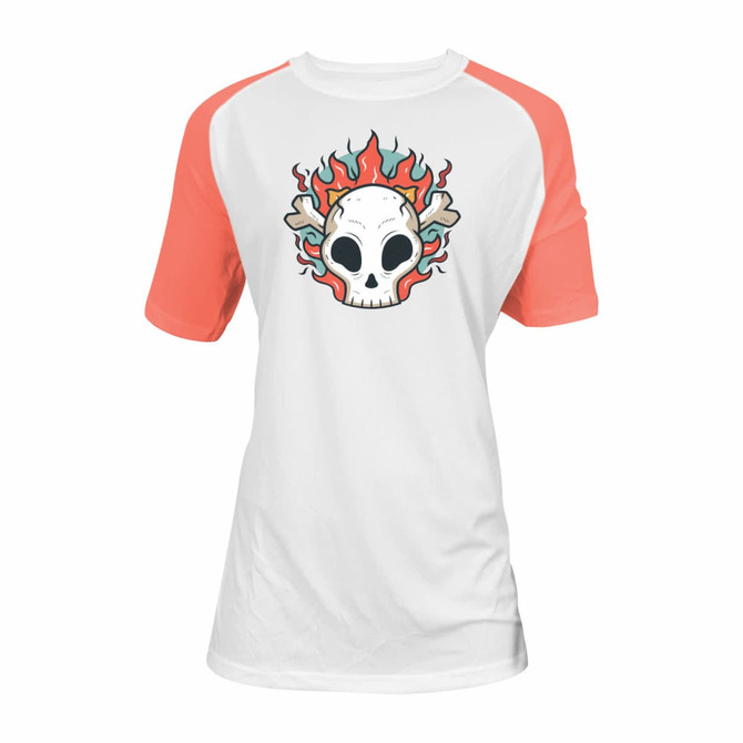A raglan T-shirt for ladies featuring a skull design with flames, white body and coral sleeves. It has a logo.