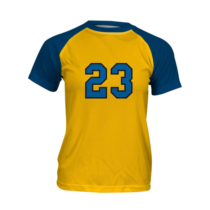 A youth raglan T-shirt featuring a yellow body and blue sleeves, with the number 23 printed on the front.