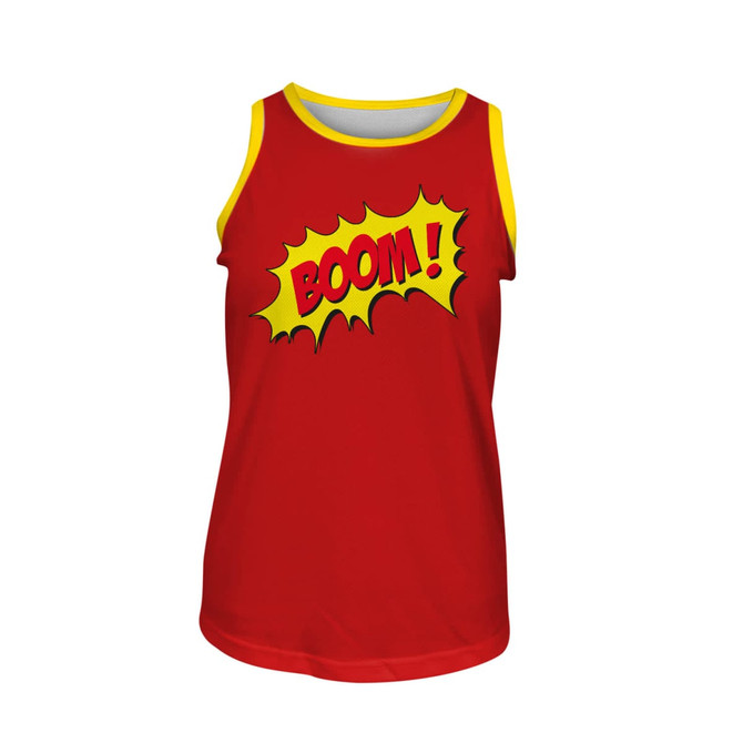 A red youth singlet with yellow trim featuring a comic-style "BOOM!" graphic. It has a logo on the back.