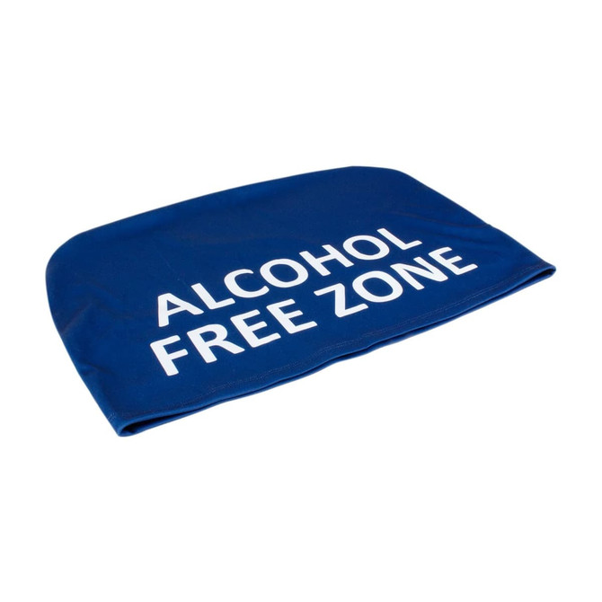 A blue stadium seat cover featuring a white logo. It is designed for outdoor events.