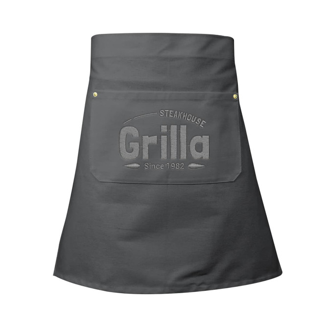 A grey waist apron with removable straps featuring a large back pocket and a logo.