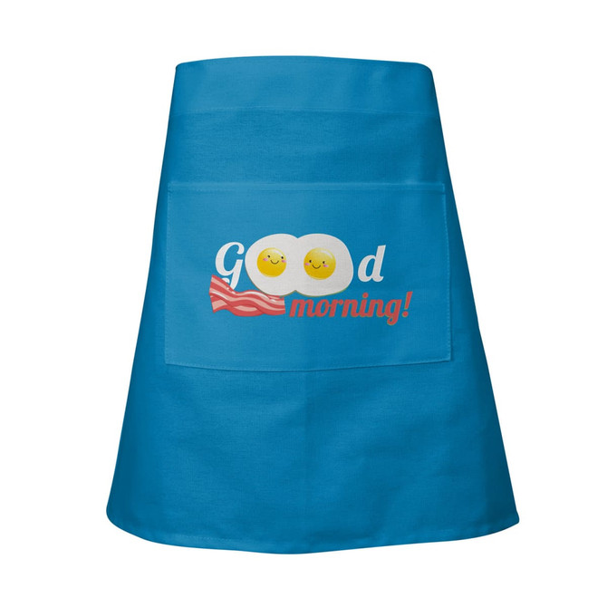A blue waist apron with sewn-on straps and a front pocket, featuring a design with eggs and text.
