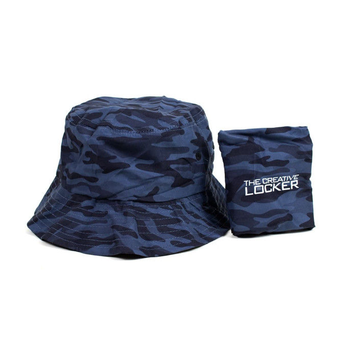 A navy camouflage bucket hat with a matching pouch. The hat has a logo on the side.