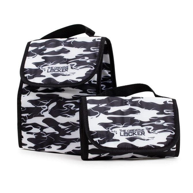 A foldable lunch cooler bag in a black and white camouflage pattern, featuring a logo and a flap closure.
