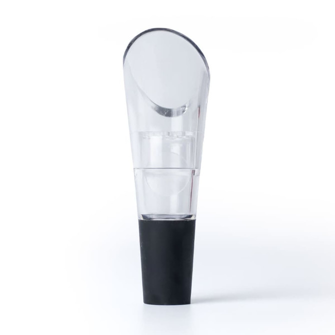 A wine aerator with a clear top and black base, designed for enhancing wine flavour. It features a sleek, modern aesthetic.