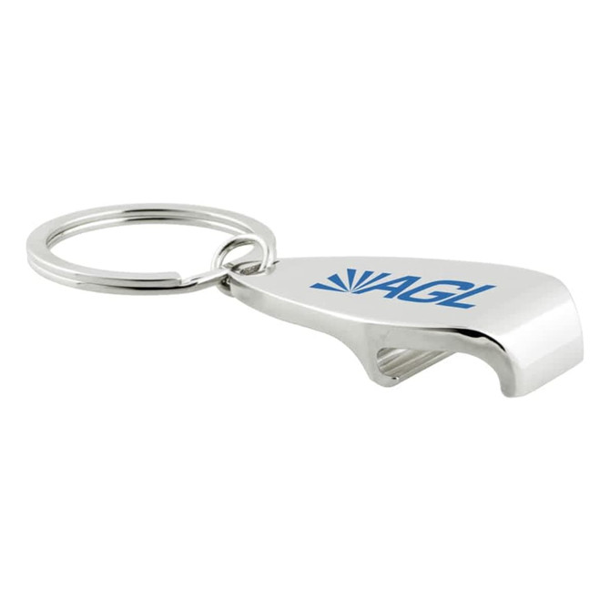 A shiny silver keychain bottle opener with a circular ring and a logo on one side.