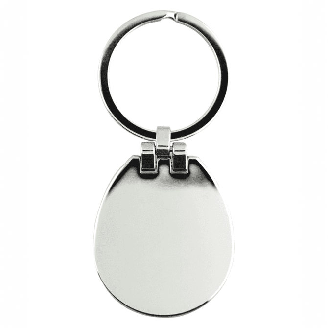 A sleek silver keychain with a smooth, rounded design and a polished finish. It features a metal ring for keys.