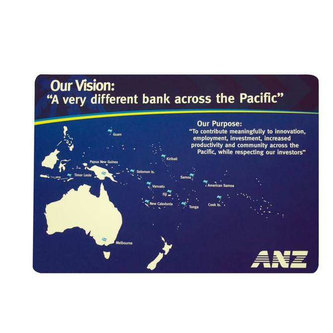 A counter mat featuring a map of the Pacific region with blue and white colours, and a logo in one corner.