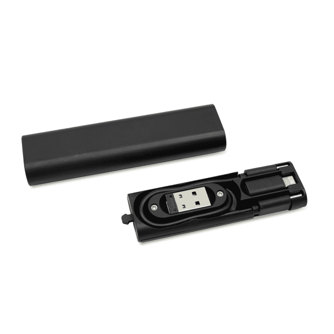 A black travel charging kit featuring a USB and a Type-C cable, housed in a compact case.