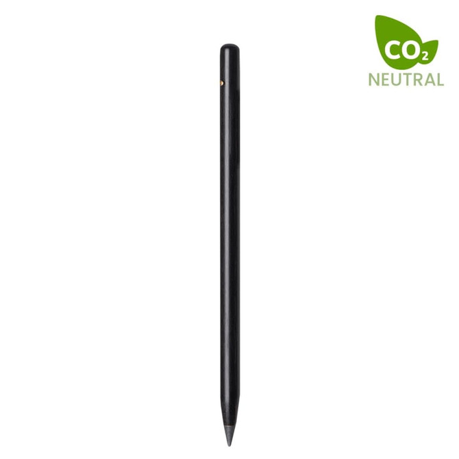 A graphite pencil in a sleek black design, featuring a minimalist style and a branding logo on the side.