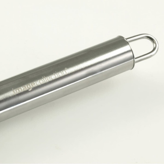 A stainless steel BBQ tool with a looped handle, featuring a subtle logo on its surface.