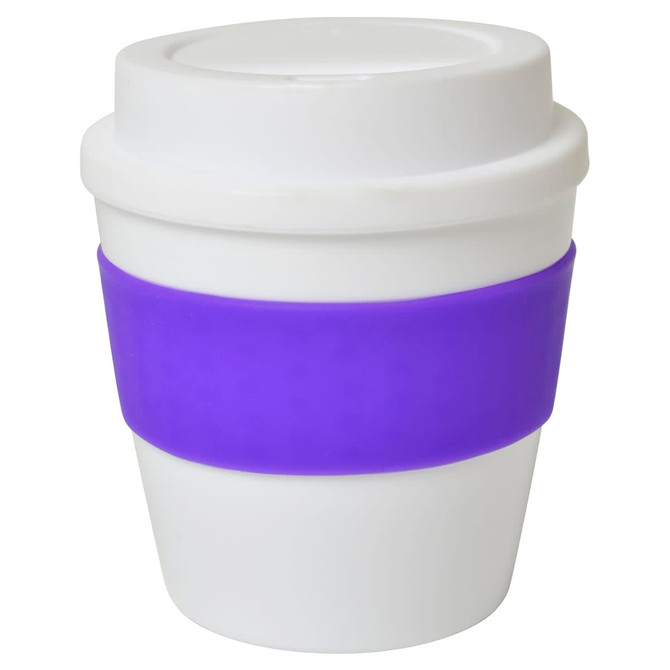 A small white cup with a purple silicone band and a lid, featuring a logo.