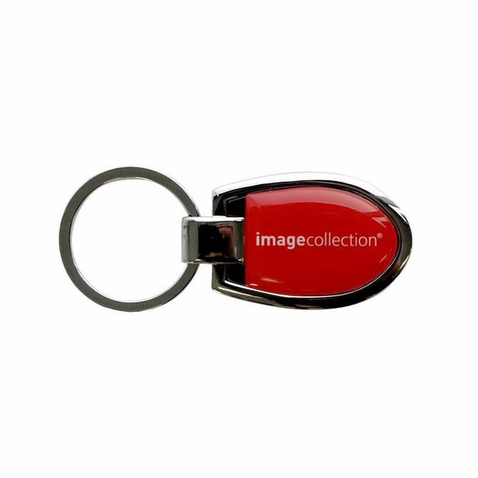 A red and silver keychain featuring a sleek design and a branded logo.