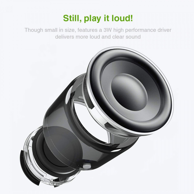 A black and silver OBI Bluetooth speaker, highlighting a transparent design and a prominent driver for enhanced sound.